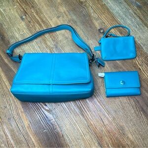 New ~ Coach Blue Teal Flap Shoulder Bag, Trifold Wallet & Zip Wristlet Set of 3